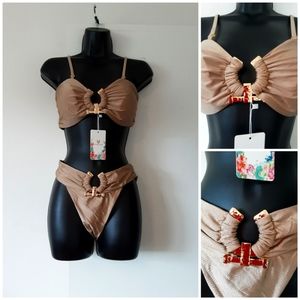 Chic 2 Piece Swim Suite with Gold Tone Metal Accent NWT